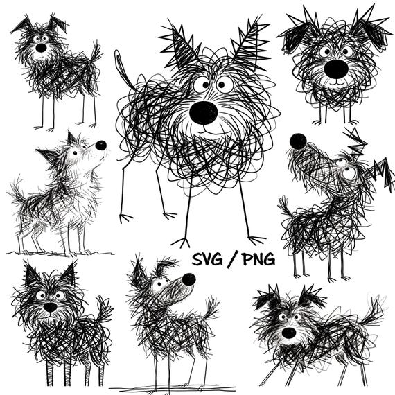 Funny Scribble Dog SVG, 10 Chaotic Doodle Creatures, Raw Line Art Puppy Clipart PNG, Anti-Aesthetic Dog Merch