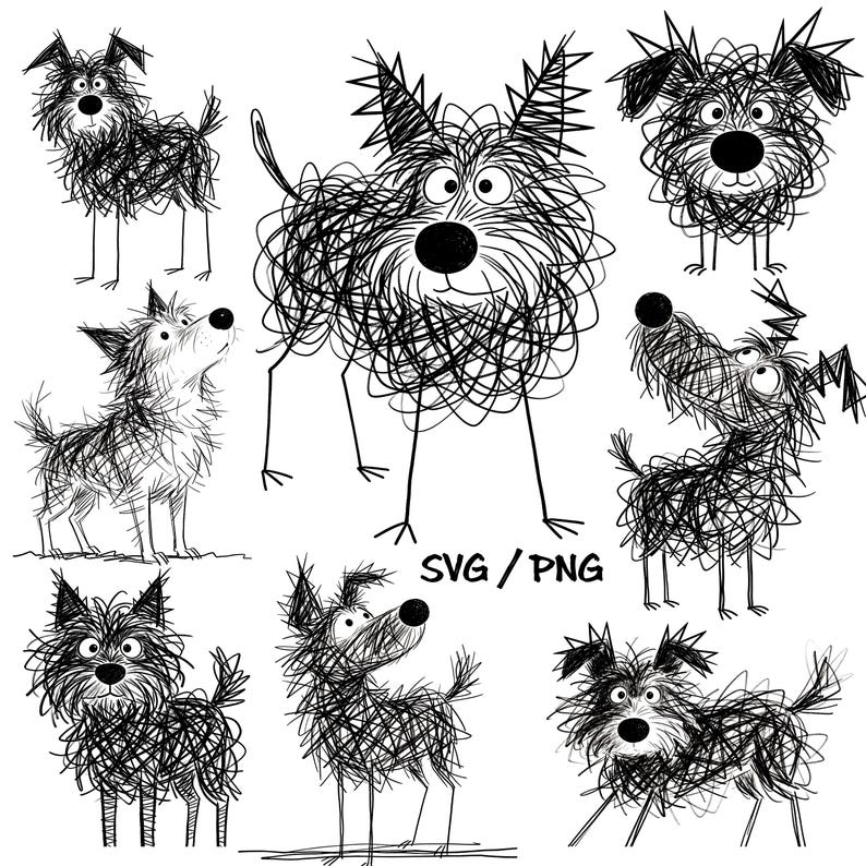 Funny Scribble Dog SVG, 10 Chaotic Doodle Creatures, Raw Line Art Puppy Clipart PNG, Anti-Aesthetic Dog Merch image 1