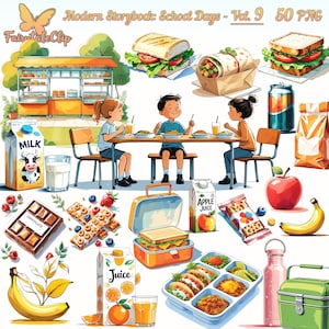May include: Illustration of a school lunch scene with children eating at a table. Includes sandwiches, juice boxes, milk, fruit, and lunchboxes. The image has the text "Modern Storybook: School Days - Vol. 9 50 PNG" and "Fairstale Clip".