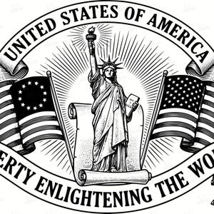May include: Black and white illustration featuring the Statue of Liberty, two American flags, and the text "United States of America." The image includes the years 1776 and 2026, and the phrase "Liberty Enlightening the World."
