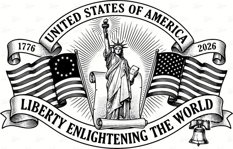 May include: Black and white illustration featuring the Statue of Liberty, two American flags, and the text "United States of America." The image includes the years 1776 and 2026, and the phrase "Liberty Enlightening the World."
