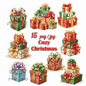 Puede incluir: Una colección de cajas de regalo navideñas estilo acuarela en varios tamaños y colores. Los regalos están envueltos en papel rojo, verde y dorado, adornados con cintas y lazos. La imagen incluye el texto "15 png / jpg Cozy Christmas".