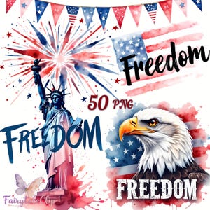 Pacote com 50 cliparts da Freedom, PNG de 4 de julho, aquarela patriótica dos EUA, sublimação do Dia da Independência, bandeira americana e Estátua da Liberdade