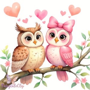 Coppia di gufi innamorati 15 PNG, Clipart di gufi carini con cuori, Arte romantica di uccelli ad acquerello, Illustrazioni pastello, Sublimazione, Decorazioni per camerette
