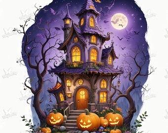 40 Watercolor Spooky Houses Clipart | Haunted Halloween Mansions JPG Bundle