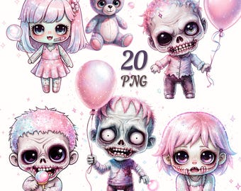 Pastel Goth Zombie Clipart: Kawaii Horror PNG Art (20 Files)