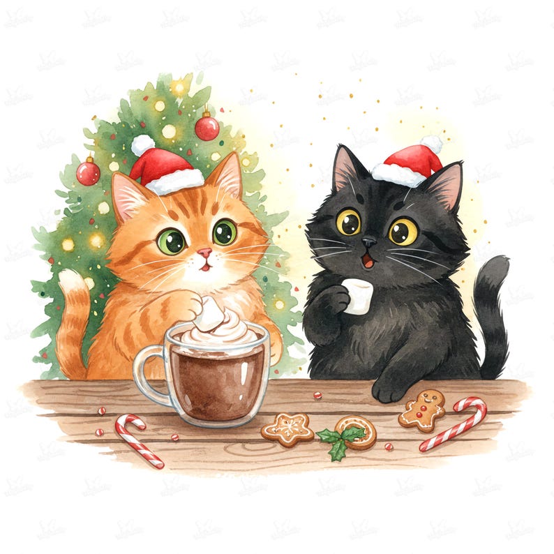 Christmas Cat Watercolor Clipart: Holiday Cocoa PNG (digital Download ...