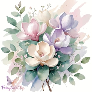 15 imágenes prediseñadas de acuarela pastel suave de magnolia (rosa, lila y crema), ramo floral romántico para bodas, invitaciones y sublimación.