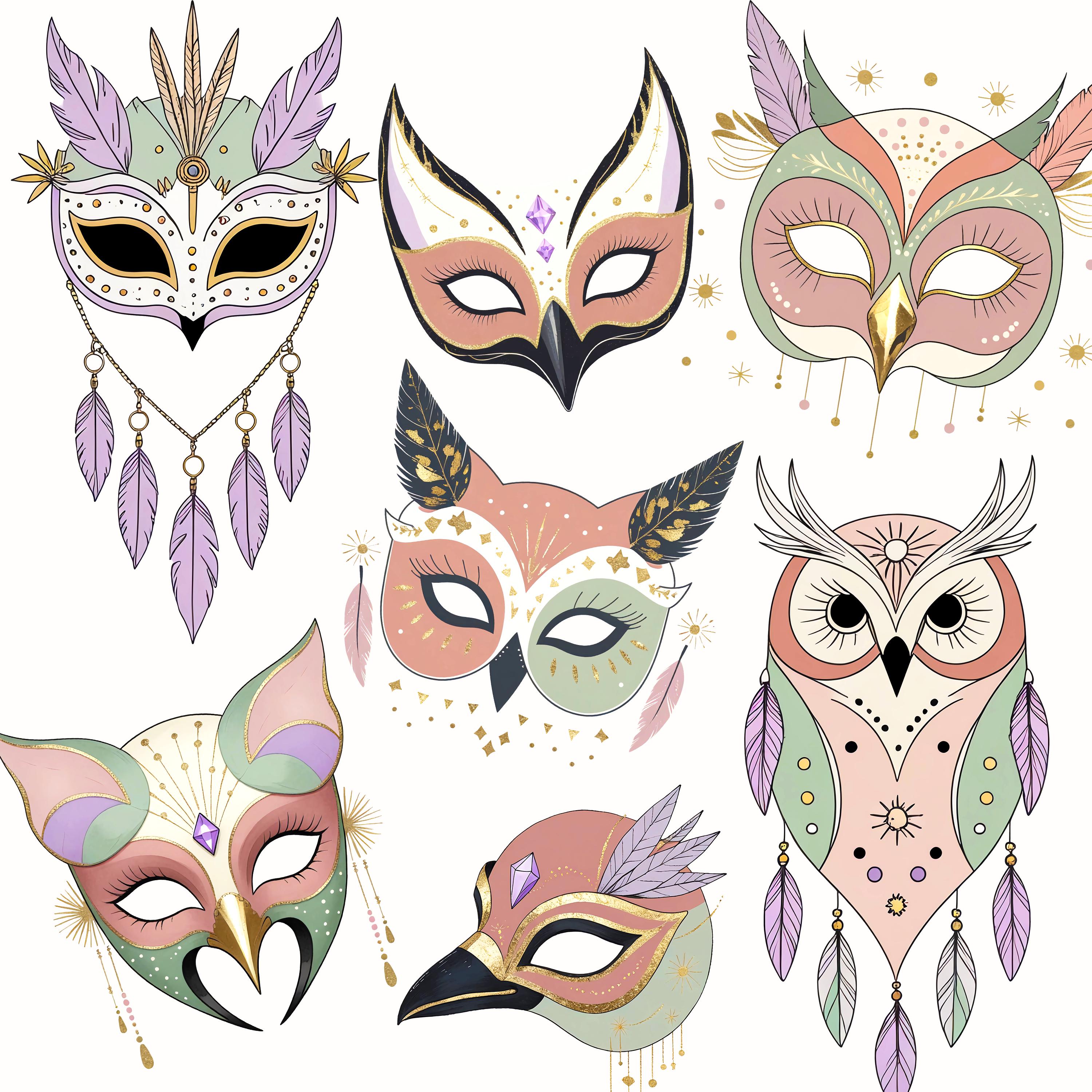 20 Boho Bird Clipart: Owl Mask | Raven Mask | Mystical Amulet & Feathers PNGs