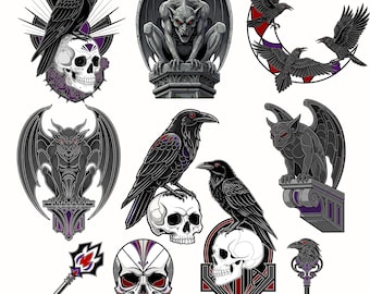 Gothic Raven Clipart 20 PNG Dark Fantasy Gargoyle Skull Crow Gothic Art Set Halloween Occult Aesthetic Digital Images (+ bonus 30 PNG)
