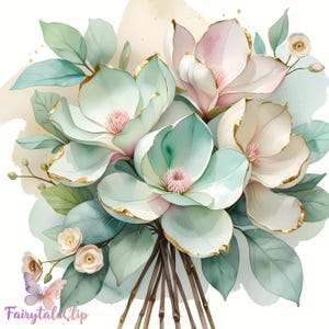 Acuarela de magnolia primaveral (15 PNG): ramo floral en tonos menta pastel, rosa y marfil, delicadas flores botánicas para boda, decoración primaveral suave.