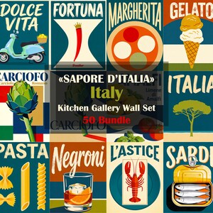 May include: A set of Italian-themed wall art prints. The prints depict images of food, drinks, and Italian icons, such as a scooter, pizza, gelato, artichoke, pasta, and a Negroni cocktail. The text "Italy" and "Kitchen Gallery Wall Set" are also visible.