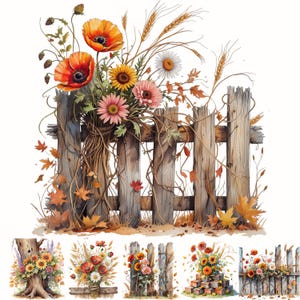 May include: Watercolor illustration of a rustic wooden fence adorned with a vibrant bouquet of flowers. The bouquet includes orange poppies, yellow sunflowers, pink daisies, and wheat stalks. Autumn leaves and vines add to the seasonal theme.