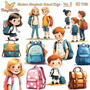 May include: A collection of cartoon illustrations featuring children with backpacks and school bags. The image includes various backpack designs in blue, pink, and brown, along with children in school uniforms. Text at the top reads "Modern Storybook: School Days - Vol. 8 40 PNG".