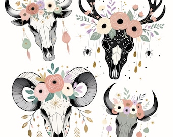 20 Boho Animal Skull Clipart: Floral Ram, Cow & Deer Skulls PNG