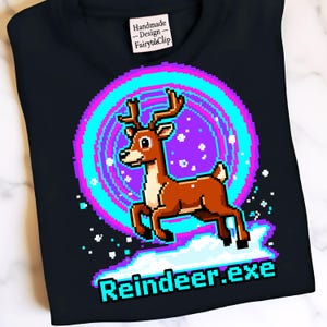 May include: Black t-shirt with a pixelated reindeer design. The reindeer is brown with antlers, set against a purple and blue circular background. The text "Reindeer.exe" is displayed in a pixelated font below the reindeer.