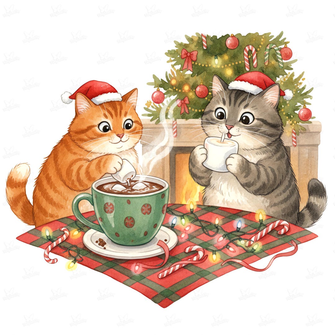 Christmas Cat Watercolor Clipart: Holiday Cocoa PNG (digital Download ...