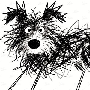 May include: A whimsical black and white illustration of a dog. The dog's fur is depicted with scribbled lines, giving it a shaggy appearance. It has large, expressive eyes and a prominent black nose. The dog's ears are pointed, and its legs are thin.