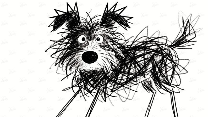 May include: A whimsical black and white illustration of a dog. The dog's fur is depicted with scribbled lines, giving it a shaggy appearance. It has large, expressive eyes and a prominent black nose. The dog's ears are pointed, and its legs are thin.