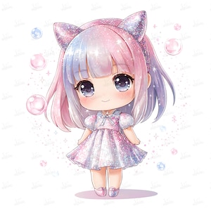 May include: A digital illustration of a cute anime-style character with cat ears. The character has pink and blue hair, large eyes, and a sparkly dress. Bubbles and stars float around the character against a white background.