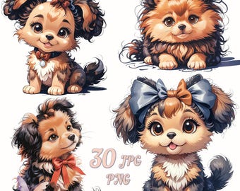 Kawaii Puppy Clipart Bundle: Watercolor Dog PNG, Printable Stickers (Digital Download)
