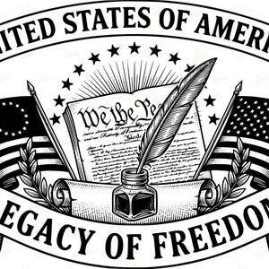 May include: Black and white illustration featuring the words "United States of America" and "Legacy of Freedom" on banners. Includes American flags, the Declaration of Independence, a quill pen, inkwell, stars, and a bell. Dates 1776 and 2026 are also present.