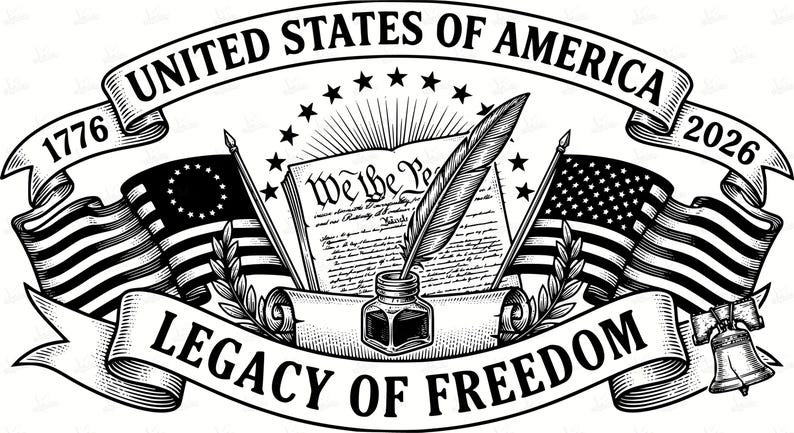 May include: Black and white illustration featuring the words "United States of America" and "Legacy of Freedom" on banners. Includes American flags, the Declaration of Independence, a quill pen, inkwell, stars, and a bell. Dates 1776 and 2026 are also present.