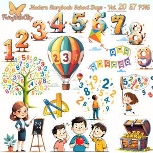 Könnte beinhalten: Eine Sammlung farbenfroher, cartoonartiger Illustrationen mit Zahlen, einem Heißluftballon, einem Baum mit Zahlen, Kindern und schulbezogenen Gegenständen. Der Text "Modern Storybook: School Days" ist sichtbar.