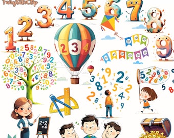 May include: A collection of colorful, cartoon-style illustrations featuring numbers, a hot air balloon, a tree with numbers, children, and school-related items. The text "Modern Storybook: School Days" is visible.