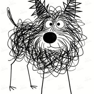 May include: A whimsical black and white illustration of a dog. The dog's body is composed of scribbled lines, with large, expressive eyes and a round black nose. The dog has spiky ears and thin legs.