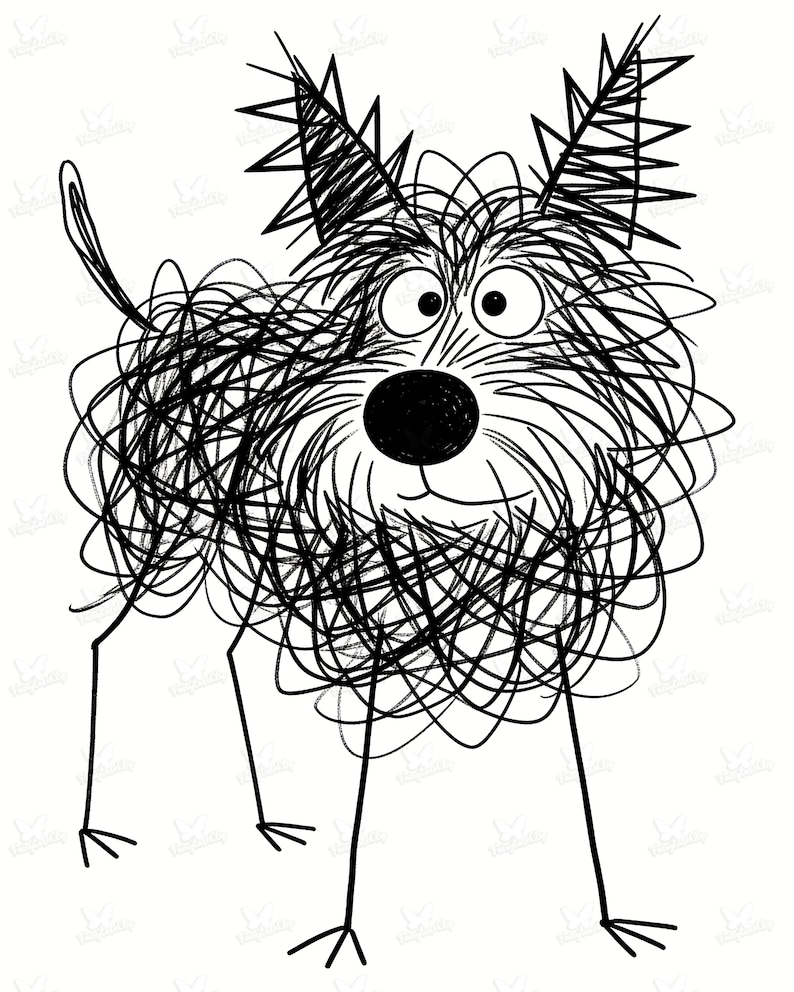 May include: A whimsical black and white illustration of a dog. The dog's body is composed of scribbled lines, with large, expressive eyes and a round black nose. The dog has spiky ears and thin legs.