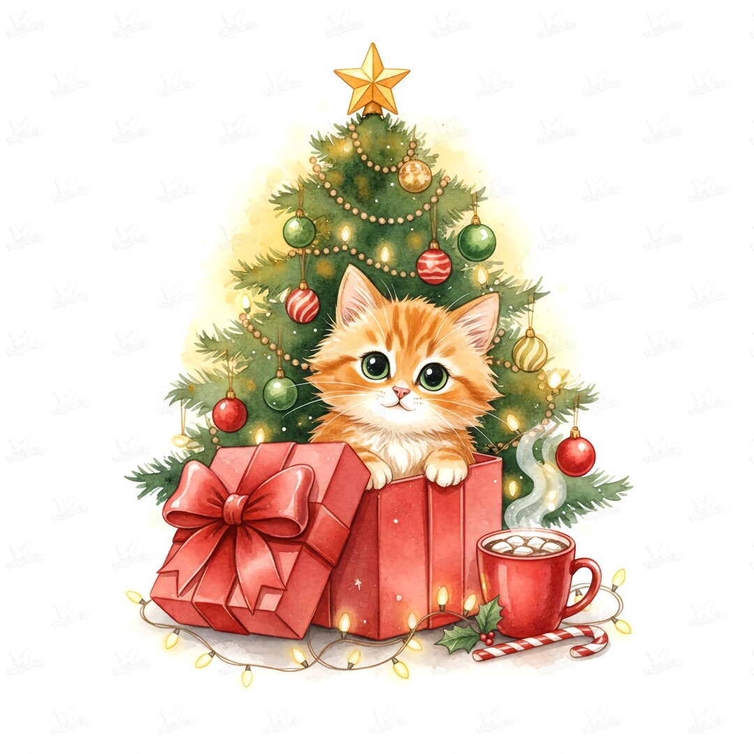 Christmas Kitten Clipart: Watercolor Cat in Gift Box (PNG, JPG) - Etsy