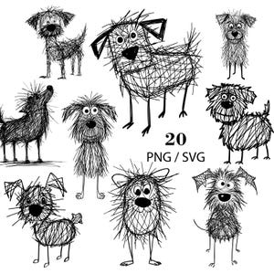 May include: A collection of whimsical black and white dog illustrations. The dogs are drawn with a scribbled line style, giving them a playful and energetic appearance. The image includes the text "20 PNG/SVG".
