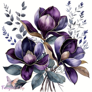 Violette Magnolie, Aquarell Clipart - Dunkellila, Pflaume, Botanische Blumen | Dramatic Floral Bouquet 18 PNG für Einladungen, Hochzeiten