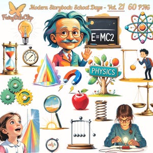 Puede incluir: Una colección de ilustraciones coloridas con temática científica. Incluye imágenes de Albert Einstein, un reloj de arena, una pizarra con E=MC2, un prisma, una manzana roja y una niña con gafas. También está presente el texto "PHYSICS".