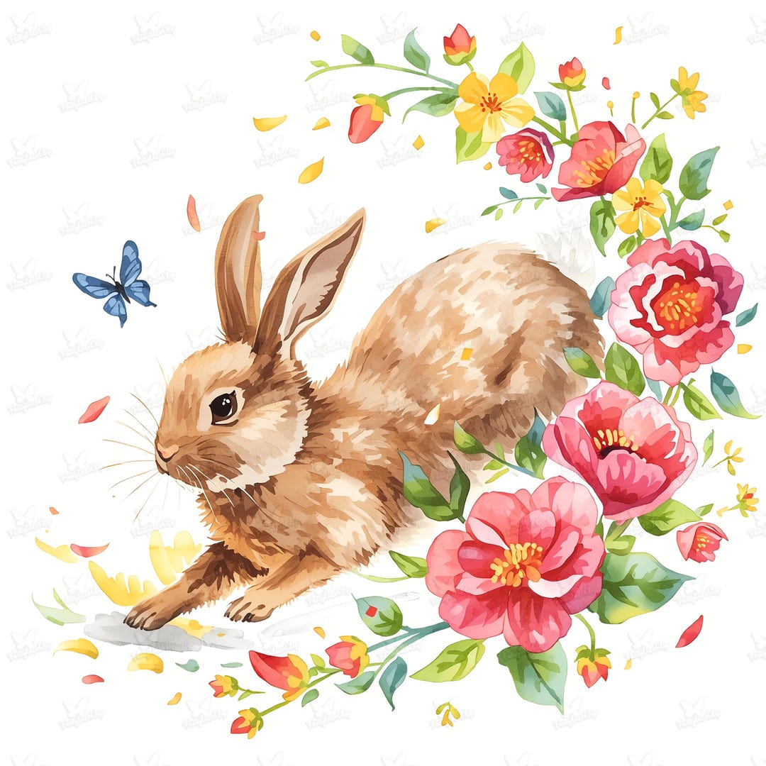 10 Watercolor Spring Bunny PNG, Lively Rabbit Floral Wreath Clipart ...