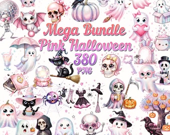 May include: A digital art bundle featuring pink Halloween-themed illustrations. The image includes ghosts, pumpkins, bats, skulls, cats, and other spooky elements. Text reads "Mega Bundle Pink Halloween 380 PNG".