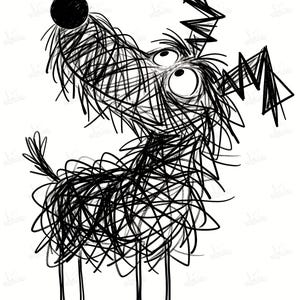 May include: A whimsical black and white illustration of a dog with an expressive face. The dog's body is formed by scribbled lines, giving it a textured appearance. The dog has large, wide eyes and a playful, upward gaze.
