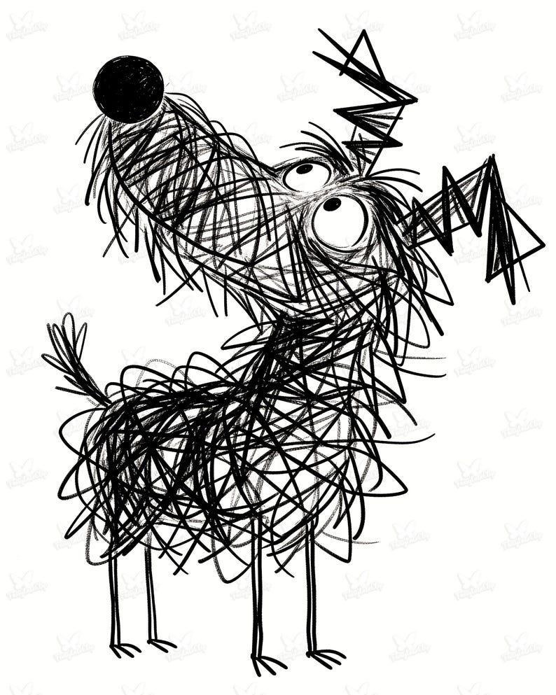 May include: A whimsical black and white illustration of a dog with an expressive face. The dog's body is formed by scribbled lines, giving it a textured appearance. The dog has large, wide eyes and a playful, upward gaze.
