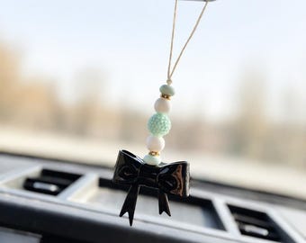 Mint & White Beaded Car Mirror Hanger with Black Bow | Cute Car Charm Accessory |