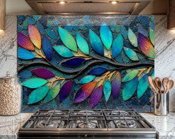 May include: A decorative kitchen backsplash featuring a mosaic design of colorful leaves in shades of blue, green, purple, and orange. The leaves are arranged on a dark branch with gold accents, set against a textured blue background.