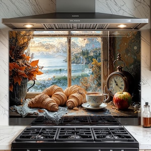 Coastal Kitchen Tempered Glass Backsplash: Seaside Breakfast Scene