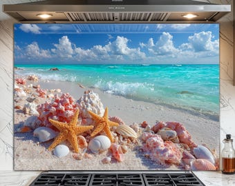 Tempered Glass Backsplash for Kitchen - Easy to Clean, Heat Resistant Stove Backsplash - Ocean Wave Design