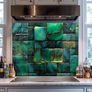 Emerald Green Marble Gold Textured Glass Backsplash  Jade Stone Kitchen Wall Art Heat Resistant Large Stove Splashback Panel