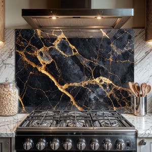May include: A black and gold marble splashback above a gas hob. The splashback has a dark background with gold veining. The hob has six burners and stainless steel knobs. A stainless steel extractor hood is above the splashback.