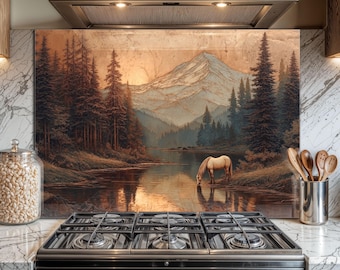 Tempered Glass Backsplash for Kitchen - Easy to Clean, Heat Resistant Stove Backsplash -  Horse Drinking Water From River