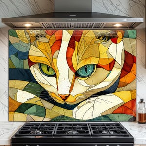 Puede incluir: Una colorida obra de arte al estilo vidriera que representa la cara de un gato. El gato tiene ojos verdes y azules, con una franja blanca en la cara. La obra presenta un mosaico de tonos naranja, amarillo y marrón.