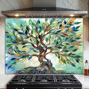 Stained Glass Tree of Life Tempered Glass Kitchen Backsplash - Heat Resistant