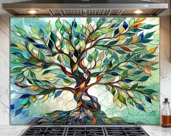 May include: A colorful glass kitchen backsplash featuring a stained-glass tree design. The tree has a brown trunk and branches with green, blue, yellow, and orange leaves. The background is a mix of light blue and green.