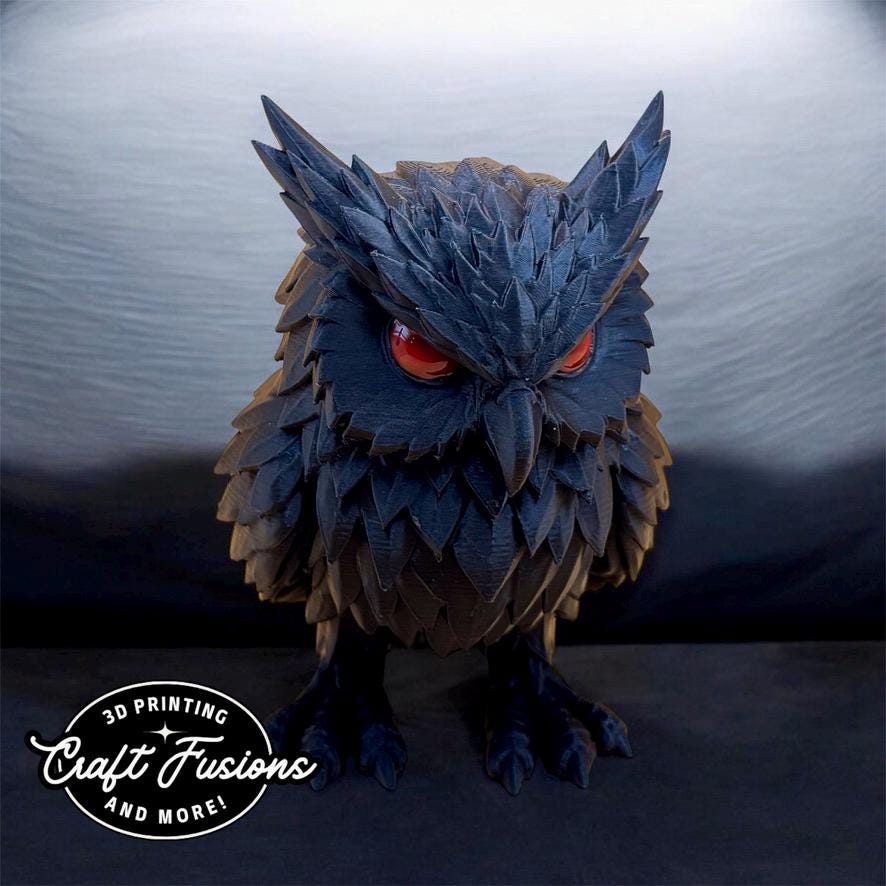 Dark Owl Statue – Gothic 3D‑Printed Decor with Hand‑Painted Red Eyes